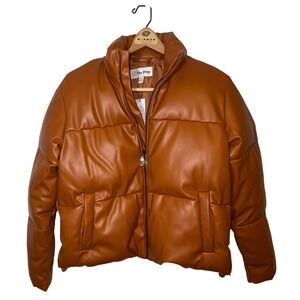 NWT The Drop Vegan Leather Puffer Jacket Cognac Brown Cropper Size 2X Zip Up